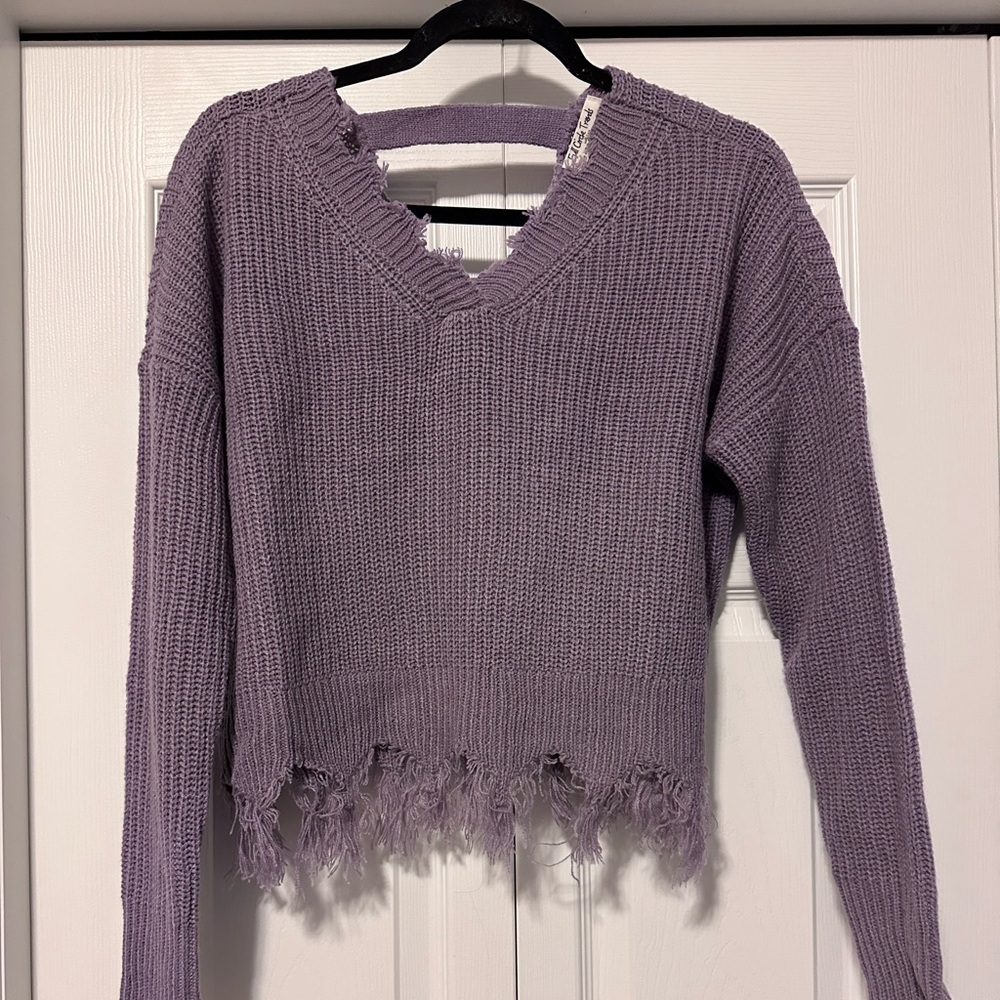 NWOT Full Circle Trends Purple Distressed Fringe Knit Sweater